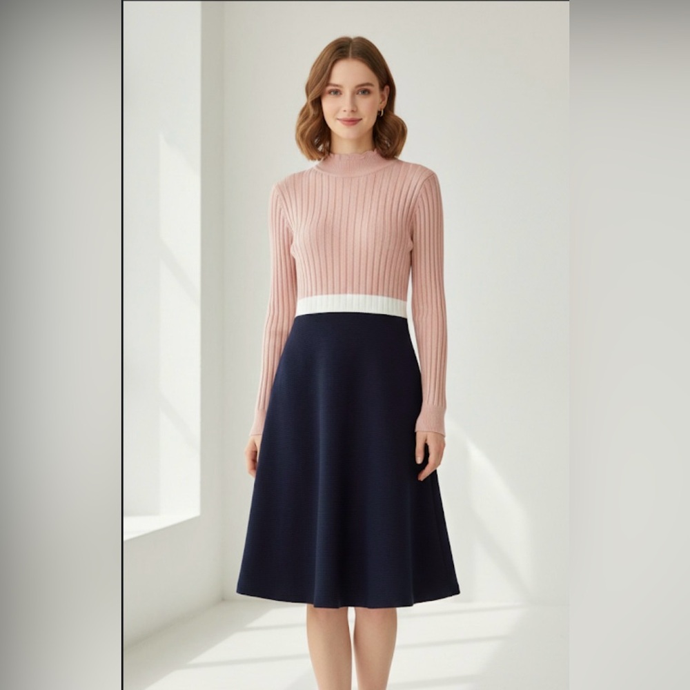 Elegant Pink and Navy Ribbed Knit Dress